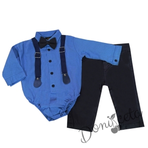 Комплект от панталон в черно,боди-риза в синьо, тиранти и папионка