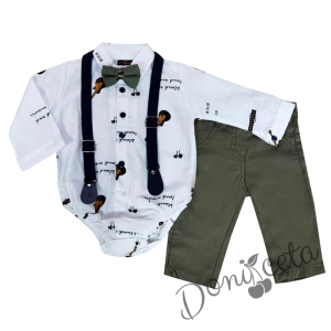 Комплект от панталон в зелено, боди-риза в бяло, тиранти и папийонка 843649