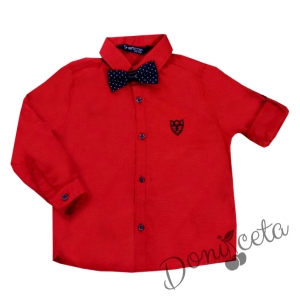 Официална детска риза с дълъг ръкав в червено с тъмносиня папийонка на точки