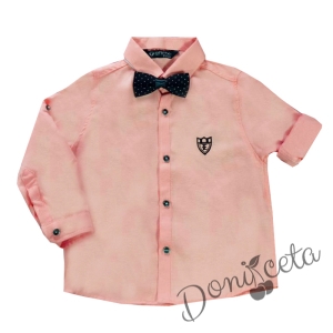 Официална детска риза с дълъг ръкав в розово с папийонка на точки