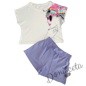 Летен комплект момиче от къси панталони в лилаво и тениска в бяло 