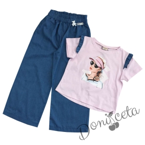 Комплект за момиче от тениска в лилаво с момиче и панталон в тъмносиньо Contrast
