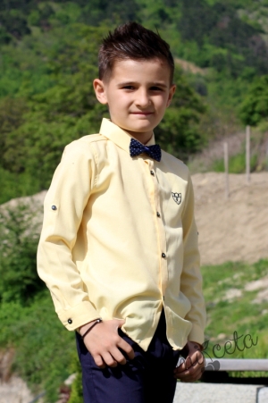 Детска риза с дълъг ръкав в жълто с папийонка