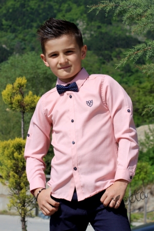 Детска риза с дълъг ръкав в розово с папийонка на точки