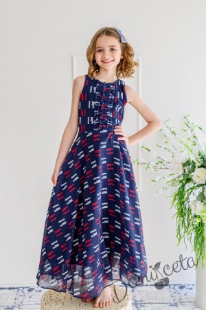 Детска стилна дълга рокля в тъмносиньо с къдрички от колекция "Майки и дъщери" 