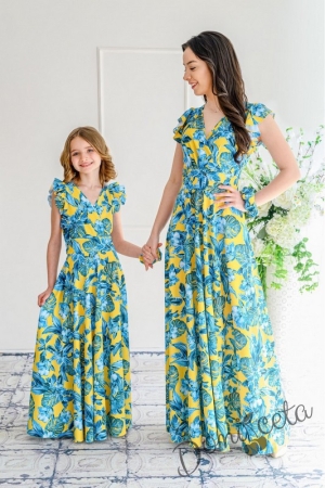 Детска стилна дълга рокля в жълто и синьо от колекция "Майки и дъщери" 