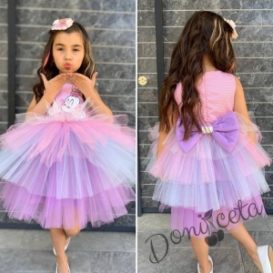 Детска рокля с къс ръкав с Мини Маус в розово с многоцветен тюл 4465744