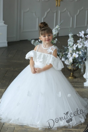 Официална детска дълга рокля в бяло и тюл с пепруди и коронка