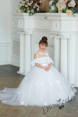 Официална детска дълга рокля в бяло и тюл с пеперуди и коронка