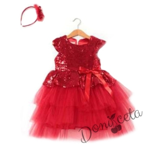 Детска официална рокля в червено от пайети и тюл на пластове с диадема