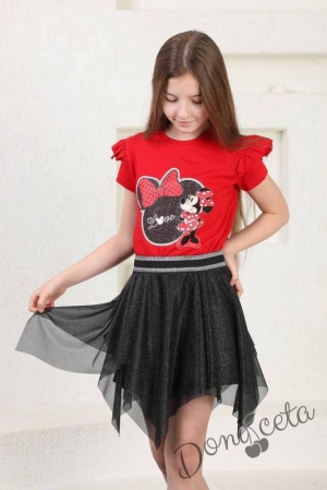 Детски комплект от тениска в червено с Мини и пола в черно