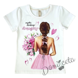 Детска блузка/тениска с къс ръкав в бяло с момиче 8657644