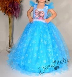 Дълга детска рокля с Елза с къс ръкав в светлосиньо