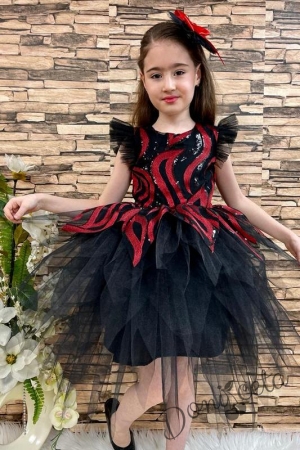 Официална детска рокля в черно и червено с тюл и панделка за коса
