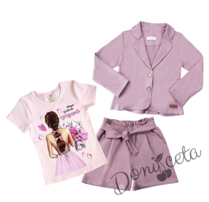 Детски комплект от сако, къси панталони в цвят пудра и тениска в розово