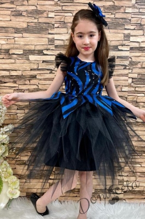 Официална детска рокля в черно и синьо с тюл и панделка за коса