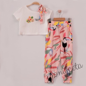 Комплект за момиче от къса тениска с надпис и панталон в розово 9989652