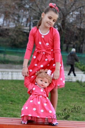 Детска рокля в цвят диня на бели точки с болеро