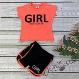 Комплект за момиче от тениска в цвят малина и къси панталонки в черно