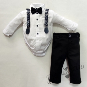 Бебешки комплект от панталон в черно, боди-риза в бяло, тиранти и папийонка