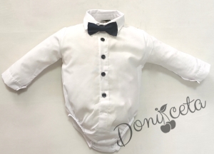 Бебешки комплект от панталон в черно, боди-риза в бяло, тиранти и папийонка