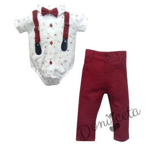 Комплект от боди-риза в бяло къс ръкав, панталони в бордо, тиранти и папийонка