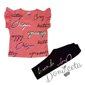 Комплект за момиче от тениска в цвят диня с надписи и къс клин в черно