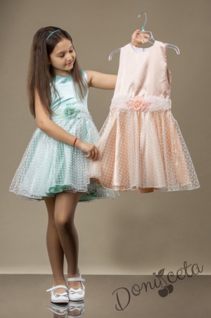 Официална детска рокля с къс ръкав в прасковено 578987