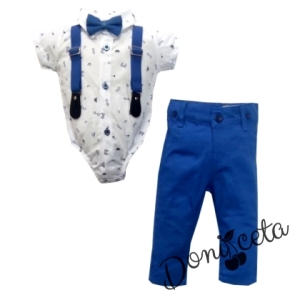 Комплект от боди-риза в бяло къс ръкав, панталони в синьо, тиранти и папийонка