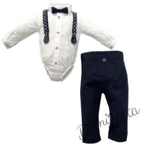 Комплект от панталон в тъмносиньо, боди-риза в бяло, тиранти и папийонка