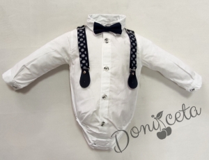 Комплект от панталон в тъмносиньо, боди-риза в бяло, тиранти, папийонка и сако
