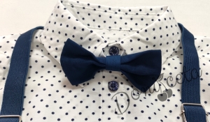 Комплект от панталон в синьо, риза на точки в бяло, папийонка и тиранти 