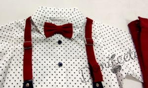 Комплект от панталон в червено,риза на точки в бяло, папийонка и тиранти 