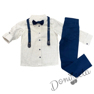 Комплект от панталон в синьо, риза на точки в бяло, папийонка и тиранти 