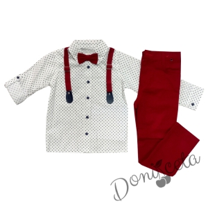 Комплект от панталон в червено,риза на точки в бяло, папийонка и тиранти 