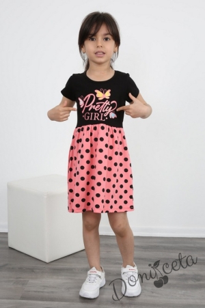 Ежедневна детска рокля с къс ръкав в черно и малина на точки 