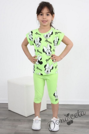 Комплект за момиче от тениска в неоново зелено с Мини Маус и клин