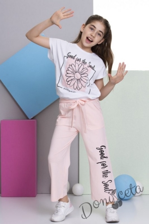 Комплект за момиче от тениска в бяло с цвете и панталон в прасковено 957578
