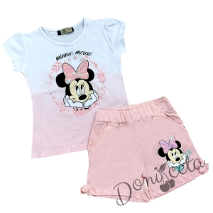 Комплект за момиче от тениска в бяло с Мини и къси панталонки в розово