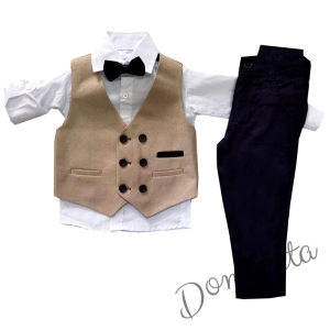 Официален костюм за момче от елек в бежово, риза, панталон в тъмносиньо и папийонка