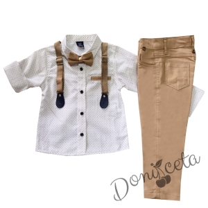 Комплект от панталон в бежово,риза в бяло, папийонка и тиранти 646566