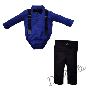 Бебешки комплект от панталон, боди-риза в синьо, тиранти и папийонка 5476457