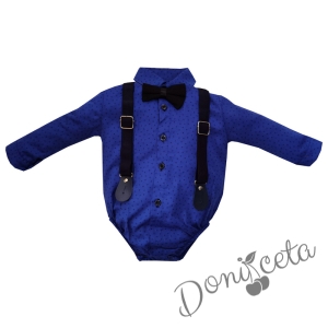 Бебешки комплект от панталон, боди-риза в синьо, тиранти и папийонка 5476457