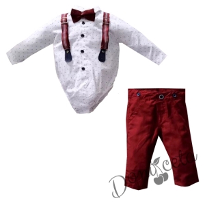 Бебешки комплект от панталон, боди-риза в бяло, тиранти и папийонка 546345