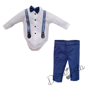 Бебешки комплект от панталон, боди-риза в бяло, тиранти и папийонка 537565