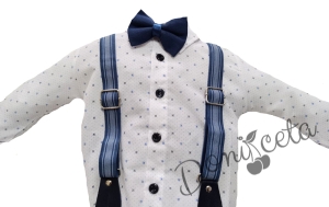 Бебешки комплект от панталон, боди-риза в бяло, тиранти и папийонка 537565