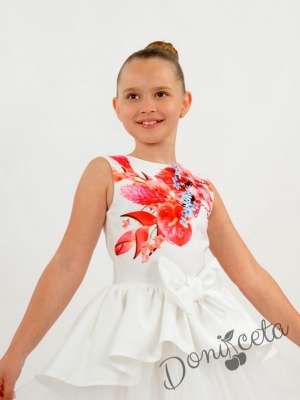 Официална детска рокля с тюл в бяло с цветя Натали