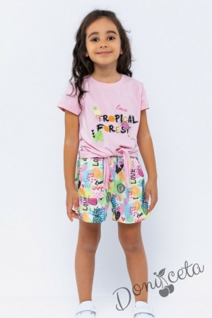 Комплект за момиче от къси панталонки с летни мотиви и тениска с надпис