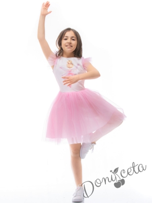 Детска официална рокля с момиченце и тюл в розово