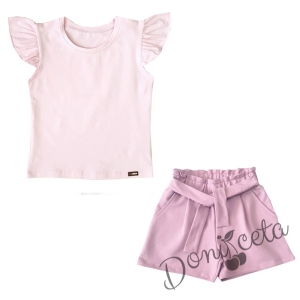 Летен комплект момиче от къси панталони в цвят пудра и тениска в розово 535641